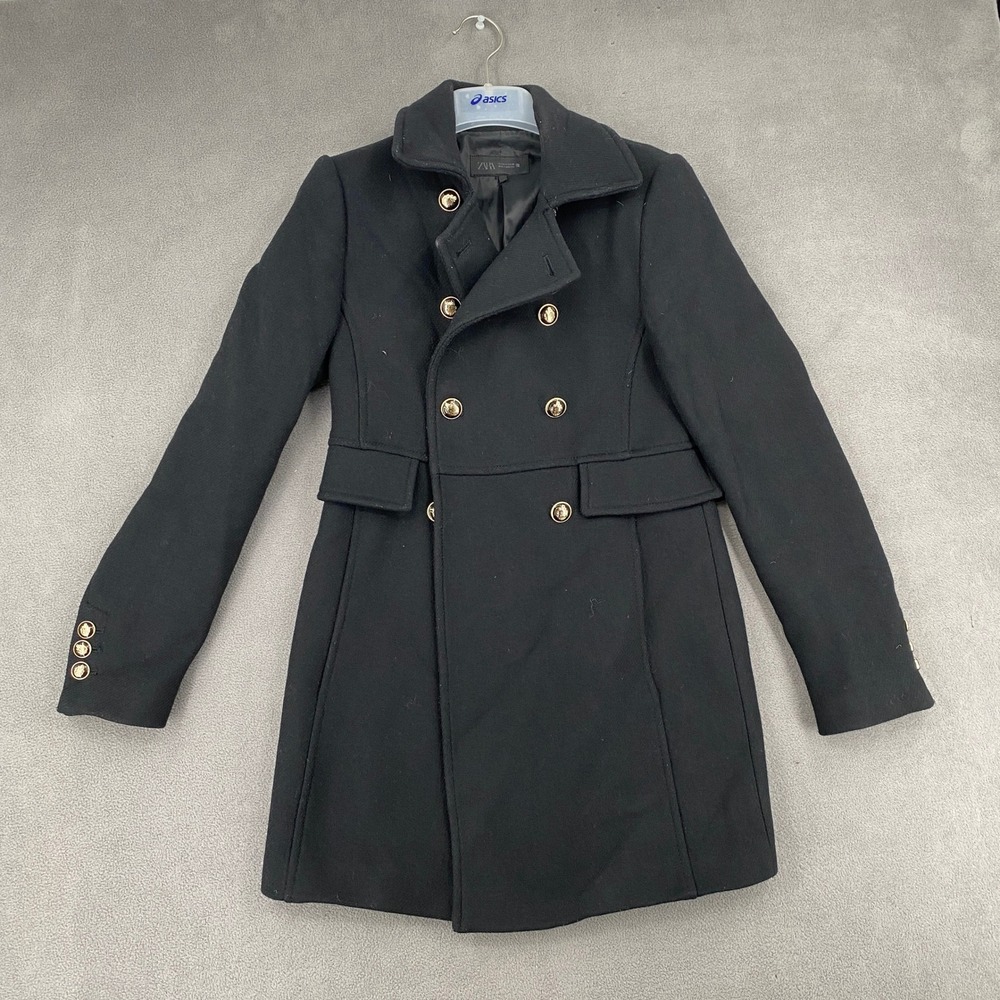 Zara Black Double Breasted Military Pea Coat Gold Buttons XS 8473/107/800
